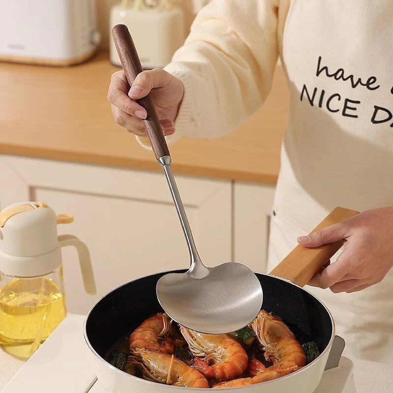 Walnut Handle Mushroom Spatula | 304 Stainless Steel & 300℃ Heat Resistant | Non-Scratch Kitchen Tool - Image 4