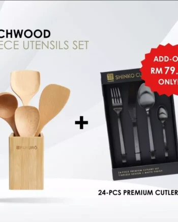 Fukuro Beech Wood Utensils Set (5pcs) - Rice Scoop + Turner + Soup Ladle + Spatula + Utensil Holder